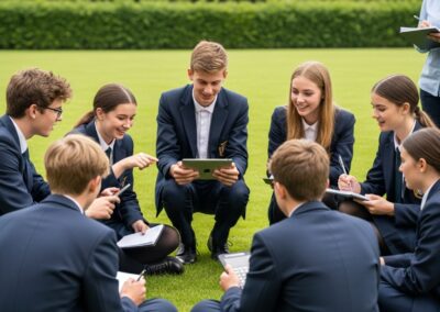 Highschool students in school uniforms sitting in circle on grass field using iPad for outdoor educational escape game with GPS treasure hunt, team cooperation, and augmented reality problem-solving activities