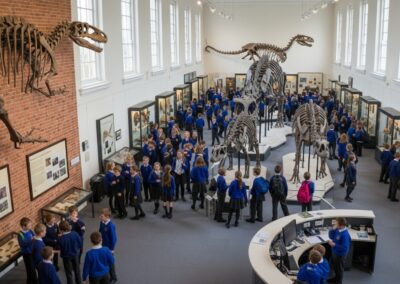 Large group of K-12 students in museum exploring dinosaur exhibition during field trip for interactive educational escape games, museum scavenger hunt, curriculum-integrated learning, and student engagement activities